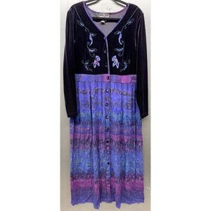 Vtg Carole Little Maxi Dress 16 Black Velvet Embroider Whimsigoth Dark Fairy Boh